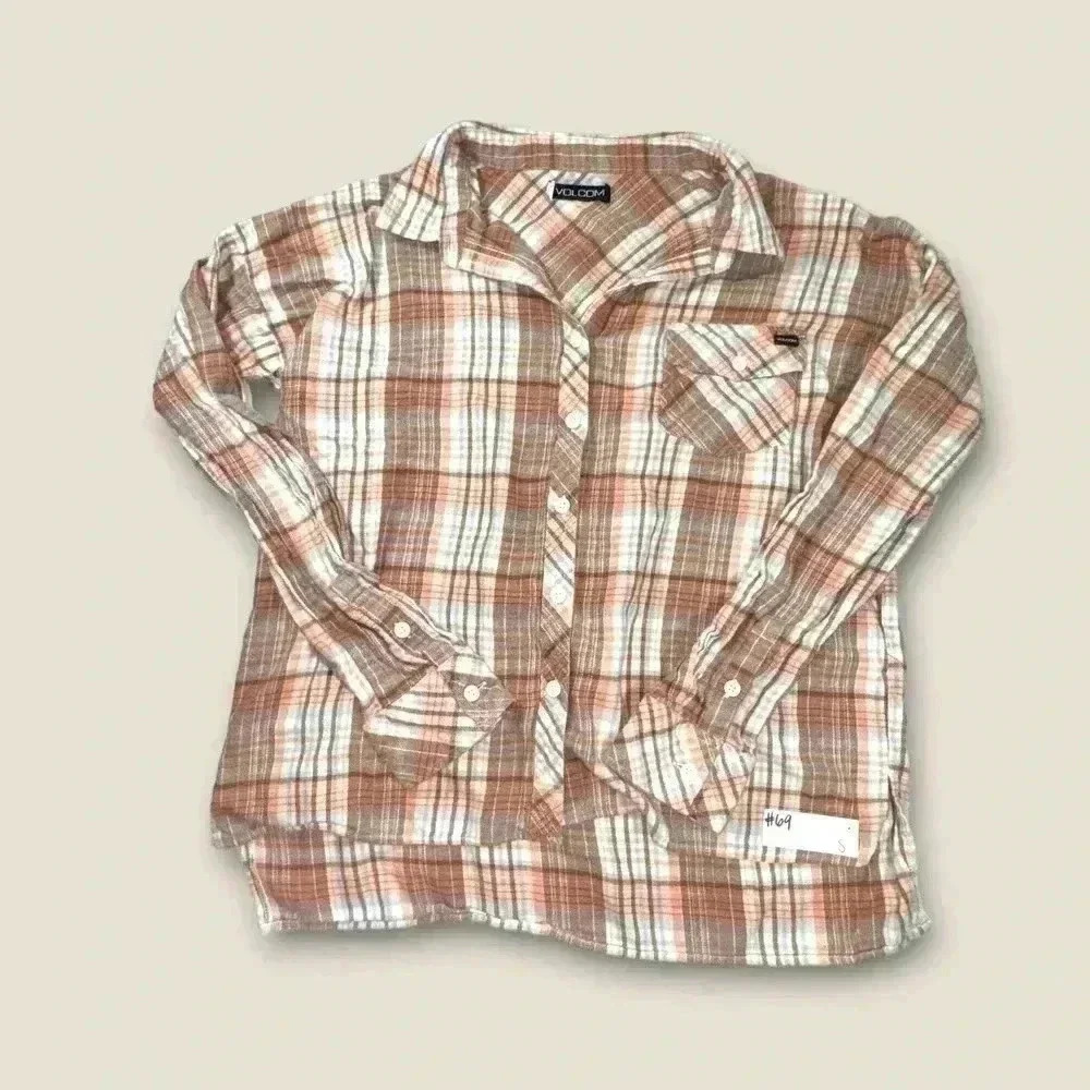 Volcom Plaid Thin Flannel Long Sleeve Tan Women's Small